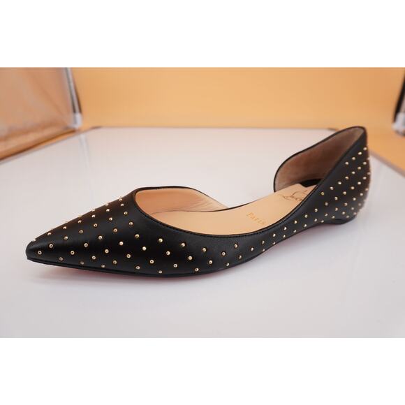 Christian Louboutin Black Leather Iriza Plume Studded d'orsay Flat SZ 38 Pointy - Picture 3 of 10